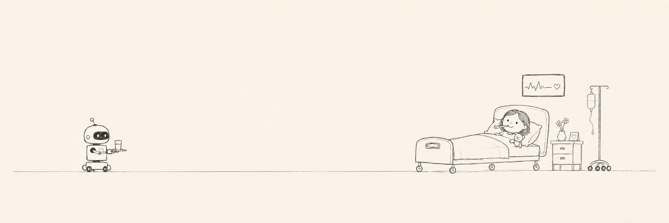 Pencil sketch of a healthcare robot approaching a hospital bed with a child.